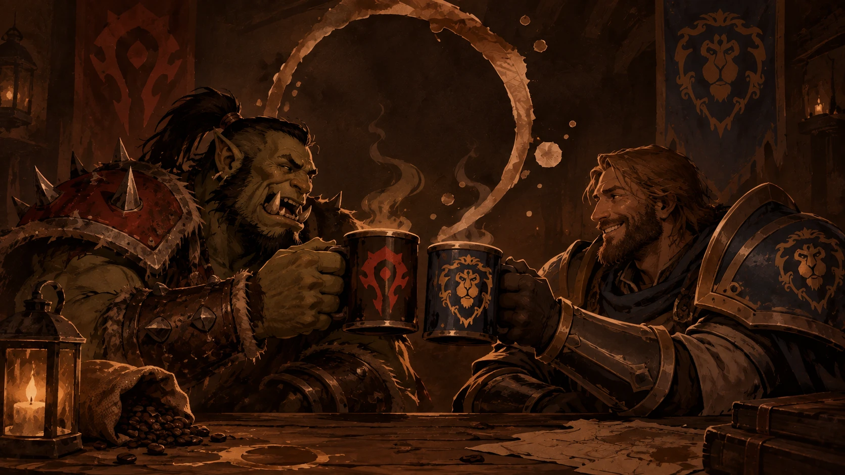 An orc and a human knight toasting with Horde and Alliance coffee mugs in a candlelit tavern.